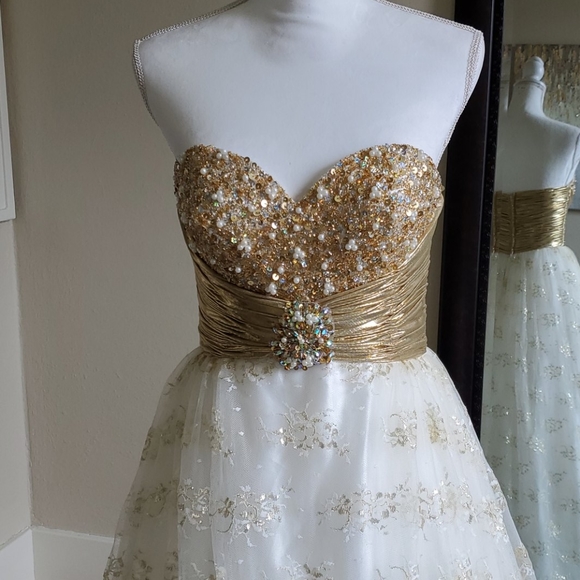 Mac Duggal Dresses Gold Ivory Strapless Sweetheart Mac Duggal Dress